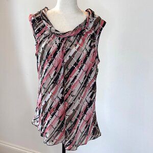 2X Abstract Print Sleeveless Cowl Neck Blouse Pink Black Flowy Dressy Office Top